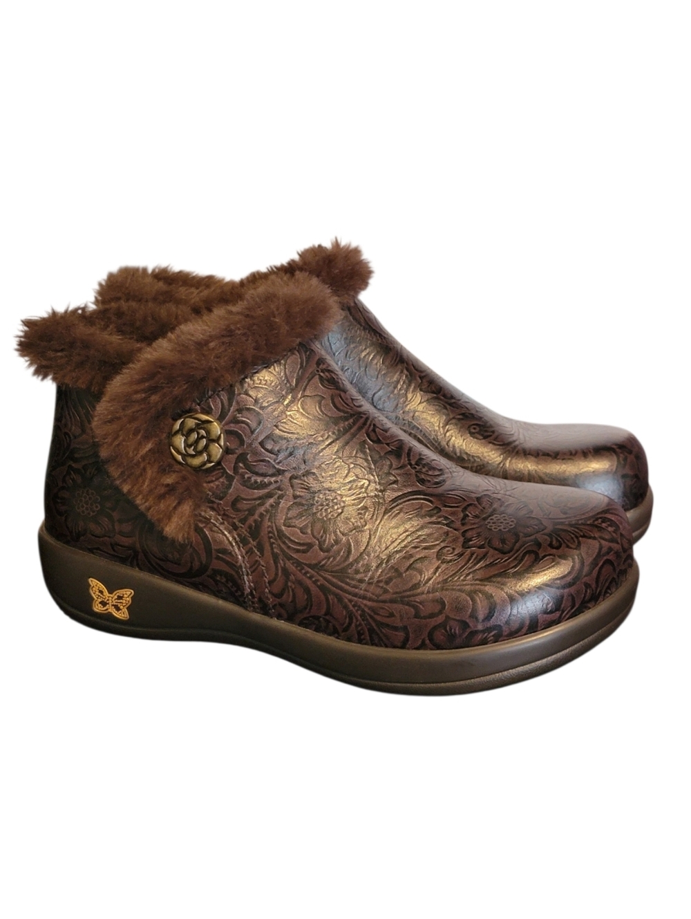 Alegria by PG‎ Lite Meri Embossed Brown Leather Ankle Boots Size 37 US 7-7.5